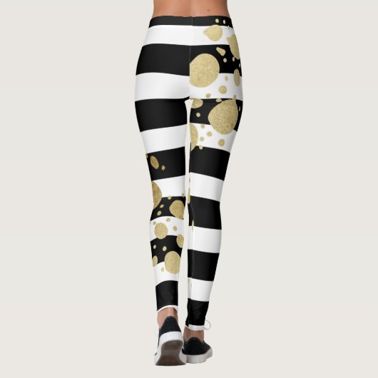 Faux Gold Paint Splatter op zwarte en witte strepe Leggings (Achterkant)