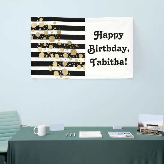 Faux Gold Paint Splatter op zwarte en witte strepe Spandoek (Beurs)