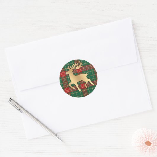 Faux Gold Reindeer Plaid Ronde Sticker (Envelop)