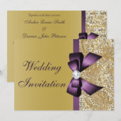 Faux Gold Sequins Paarse Bow Wedding Kaart (Voorkant / Achterkant)