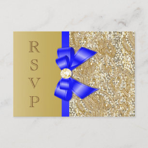 Faux Gold Sequins Royal Blue Bow RSVP Kaart