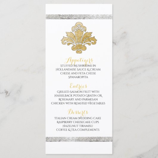 Faux Gold/Silver Damask Weddenmenu Black Menu (Voorkant)
