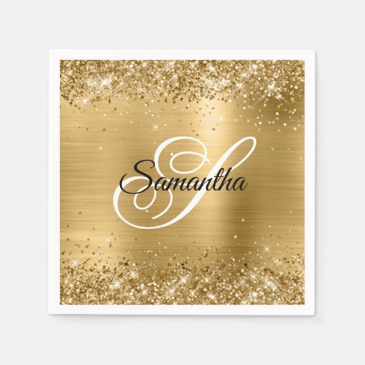 Faux Gold Sparkly Glitter en Folie Fancy Monogram Servet (Voorkant)