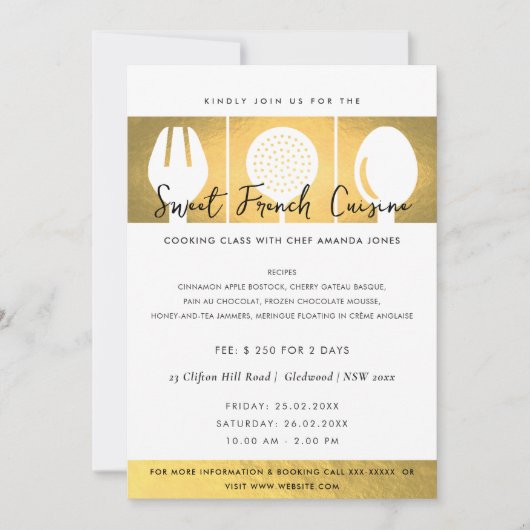 FAUX GOLD SPOON FORK COOKERY CLASS INVITE SJABLOON KAART (Voorkant)