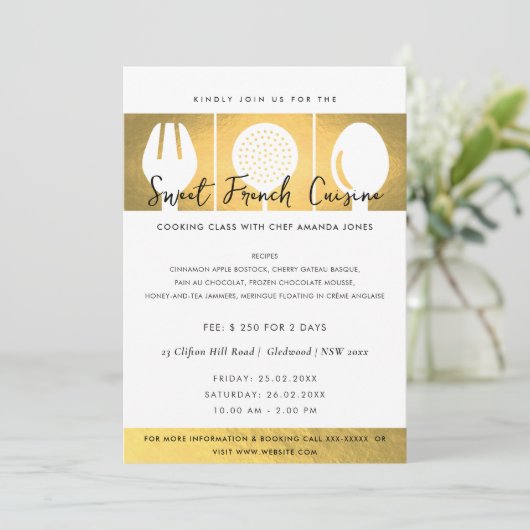 FAUX GOLD SPOON FORK COOKERY CLASS INVITE SJABLOON KAART (Staand voorkant)