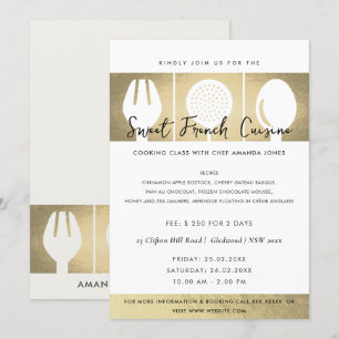 FAUX GOLD SPOON FORK COOKERY CLASS INVITE SJABLOON KAART