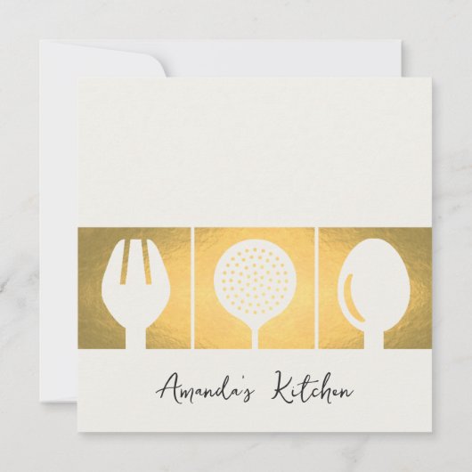 FAUX GOLD SPOON FORK COOKING CLASS INVITE SJABLOON KAART (Achterkant)