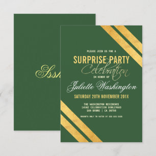 Faux Gold Strip Dark Green Surprise Birthday Party Kaart