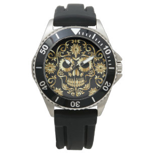 Faux Gold Sugar Skull Print Horloge