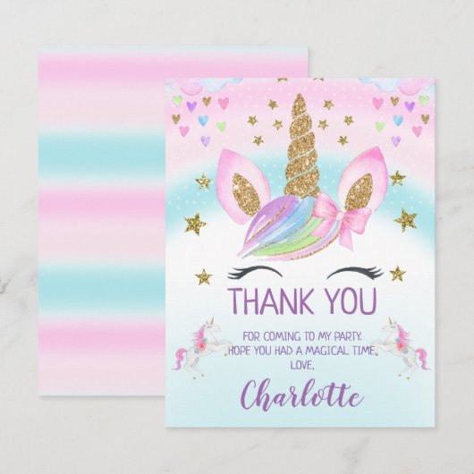 Faux Gold Unicorn Rainbow Birthday Hartelijk dank Kaart (Voorkant / Achterkant)