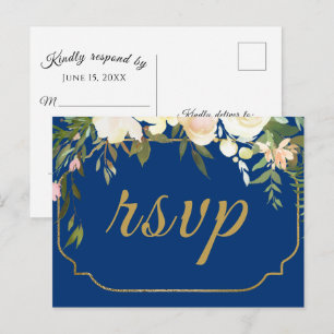 Faux Gold Waterverf Floral Blue Wedding RSVP Briefkaart