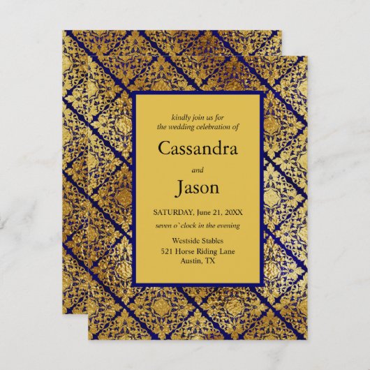 Faux Goud en Blauw Bruiloft Kaart (Voorkant / Achterkant)