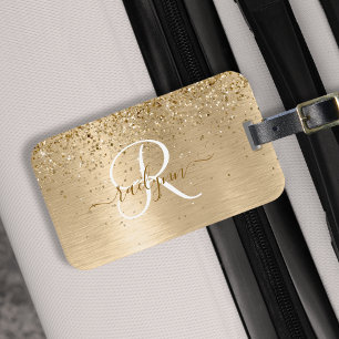 Faux Goud Geborsteld Metaal Glitter Print Monogram Bagagelabel