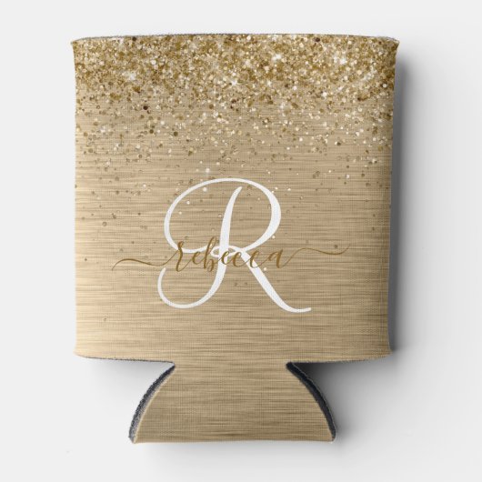 Faux Goud Geborsteld Metaal Glitter Print Monogram Blikjeskoeler (Voorkant)