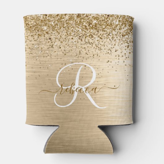 Faux Goud Geborsteld Metaal Glitter Print Monogram Blikjeskoeler (Achterkant)