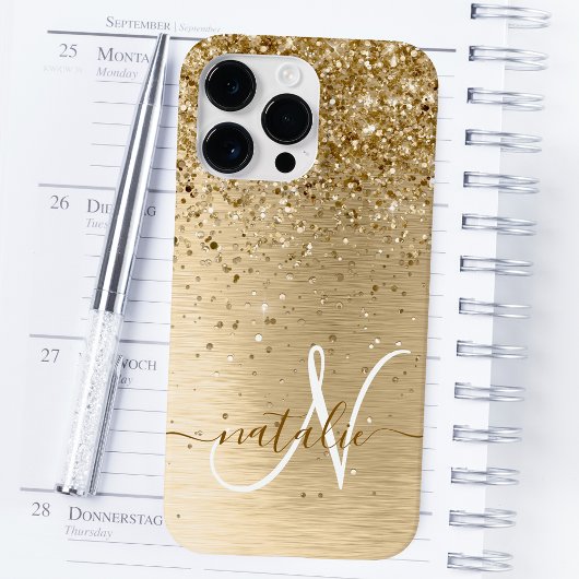 Faux Goud Geborsteld Metaal Glitter Print Monogram Case-Mate iPhone Case