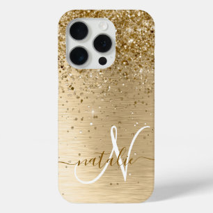 Faux Goud Geborsteld Metaal Glitter Print Monogram iPhone 15 Pro Case