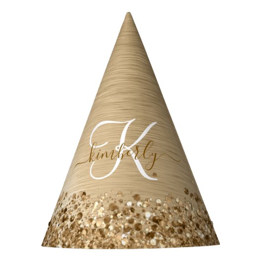 Faux Goud Geborsteld Metaal Glitter Print Monogram Feesthoedjes (Voorkant)