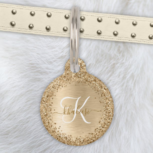 Faux Goud Geborsteld Metaal Glitter Print Monogram Huisdierpenning