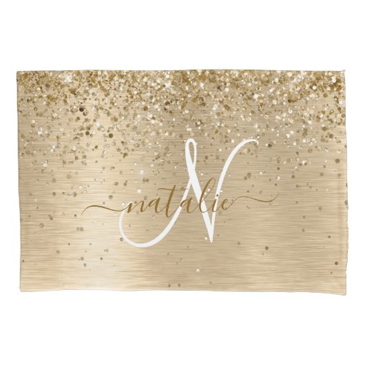 Faux Goud Geborsteld Metaal Glitter Print Monogram Kussensloop (Voorkant)