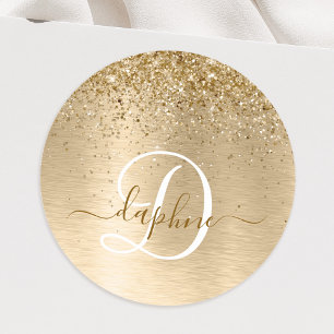 Faux Goud Geborsteld Metaal Glitter Print Monogram Ronde Sticker