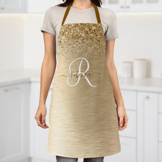 Faux Goud Geborsteld Metaal Glitter Print Monogram Schort