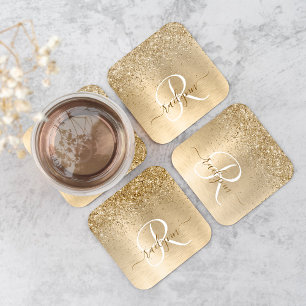 Faux Goud Geborsteld Metaal Glitter Print Monogram Vierkante Kartonnen Onderzetter