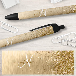Faux Goud Geborsteld Metaal Glitter Print Monogram Zwarte Inkt Pen