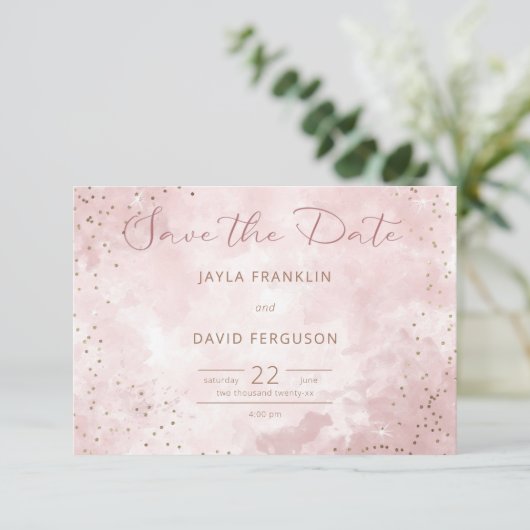 Faux Goud Glitter & Roze Moderne Bruiloft Save The Date (Staand voorkant)