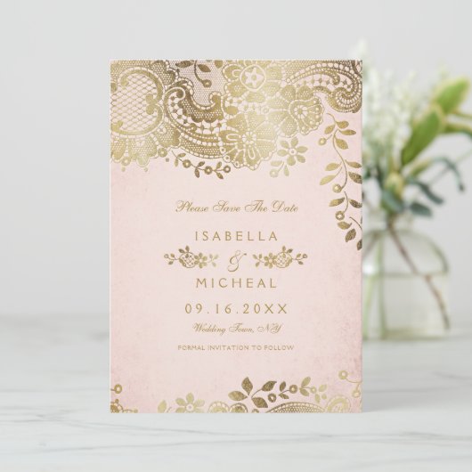 Faux goudbruine elegante lace bruiloft met uitzond save the date (Staand voorkant)