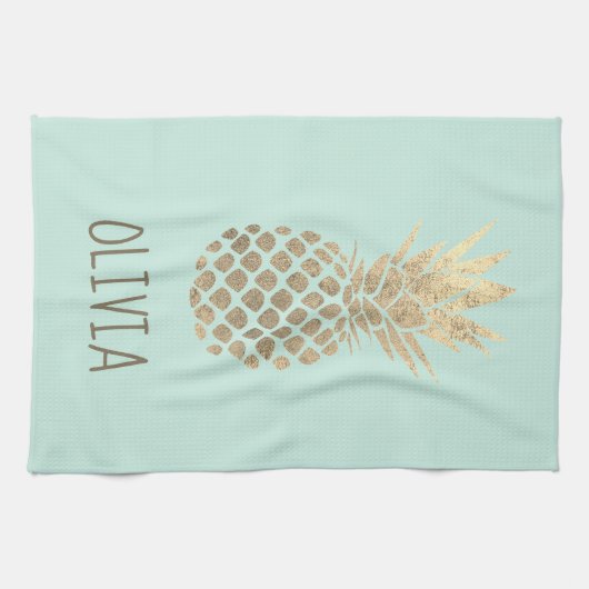 Faux gouden folie ananas ontwerp op munt theedoek (Horizontaal)