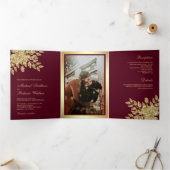 Faux gouden folie bladeren bloemenbordeaux bruilof drieluik uitnodiging (Binnen)