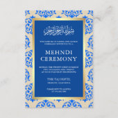 Faux Gouden Folie Blauw Damast Islamitische Mehndi Informatiekaartje (Voorkant)