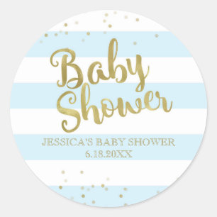 Faux Gouden Folie Blauwe Strepen Baby shower Jonge Ronde Sticker