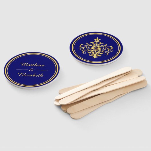 Faux Gouden Folie Damask Royal Blue Bruiloft Handwaaier (Niet-gemonteerd)