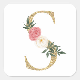 Faux Gouden Folie Letter S Blush Bloemen Monogram Vierkante Sticker