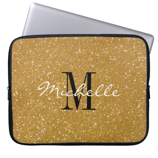 Faux gouden glitter, aangepaste monogram laptophoe laptop sleeve (Voorkant)