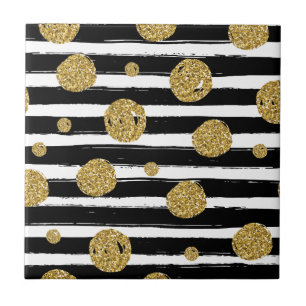 Faux goudglitter stippen Zwarte witte strepen Tegeltje