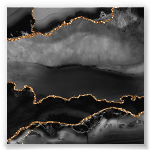 Faux Gray Marged Agate Golden Glitter Black Stone Foto Afdruk