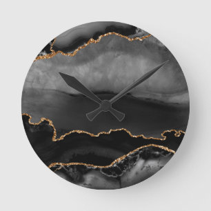 Faux Gray Marged Agate Golden Glitter Black Stone Ronde Klok
