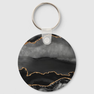Faux Gray Marged Agate Golden Glitter Black Stone Sleutelhanger