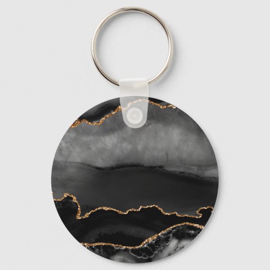 Faux Gray Marged Agate Golden Glitter Black Stone Sleutelhanger (Voorkant)