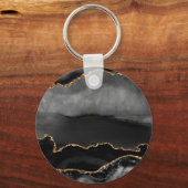 Faux Gray Marged Agate Golden Glitter Black Stone Sleutelhanger (Voorkant)