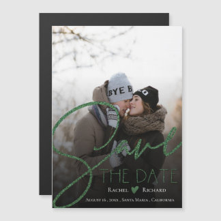 Faux Green Glitter Wedding Photo Save the Date Magnetische Uitnodiging
