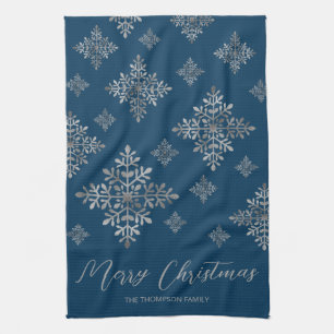 Faux Grey Folie Snowflakes op blauw (geen echte Fo Theedoek