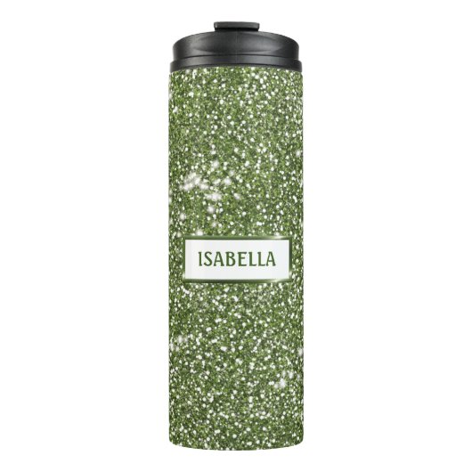 Faux groene glitter-textuur met aangepaste naam thermosbeker (Voorkant)