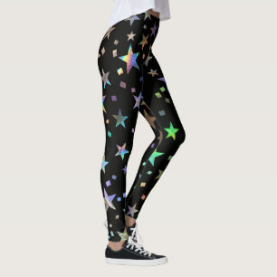 Faux Holographic Rainbow Stars Pattern Chic Black Leggings