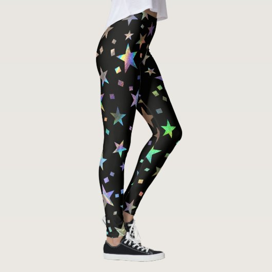 Faux Holographic Rainbow Stars Pattern Chic Black Leggings (Rechts)