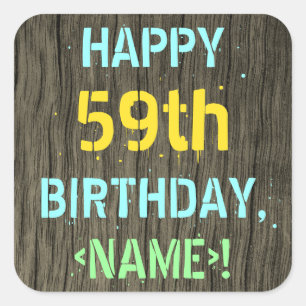 Faux Hood, Tekstverf, 59th Birthday + Naam Vierkante Sticker