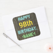 Faux Hood, Tekstverf, 98th Birthday + Naam Vierkante Sticker (Envelop)